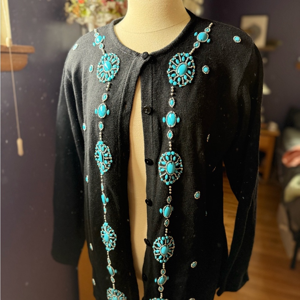 Denim and co large Black Cardigan with Turquoise Embellishments